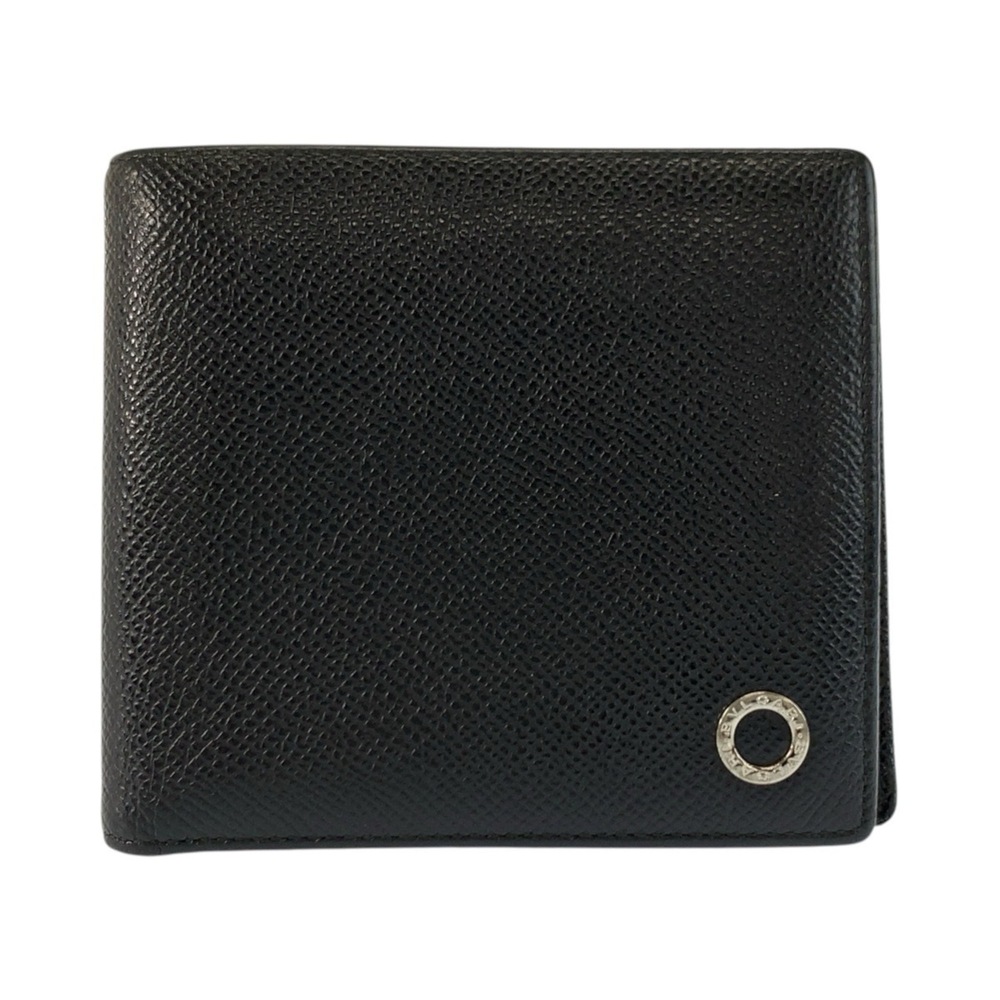 BVLGARI Bulgari Black Leather Folding Wallet 30396 Compact for Men